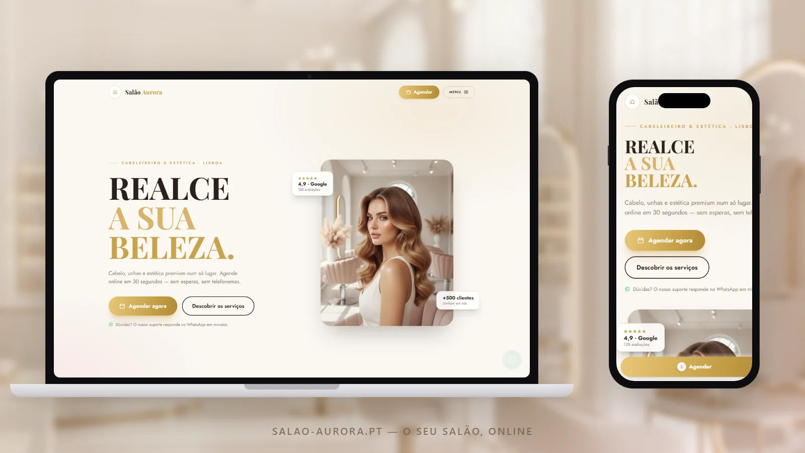 Salão Aurora — site e sistema de marcações, mostrado em portátil e telemóvel