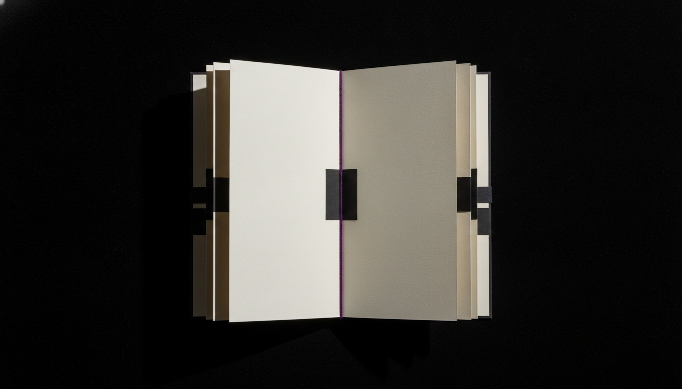 Livro-razão em papel recortado, duas colunas espelhadas cosidas por um fio