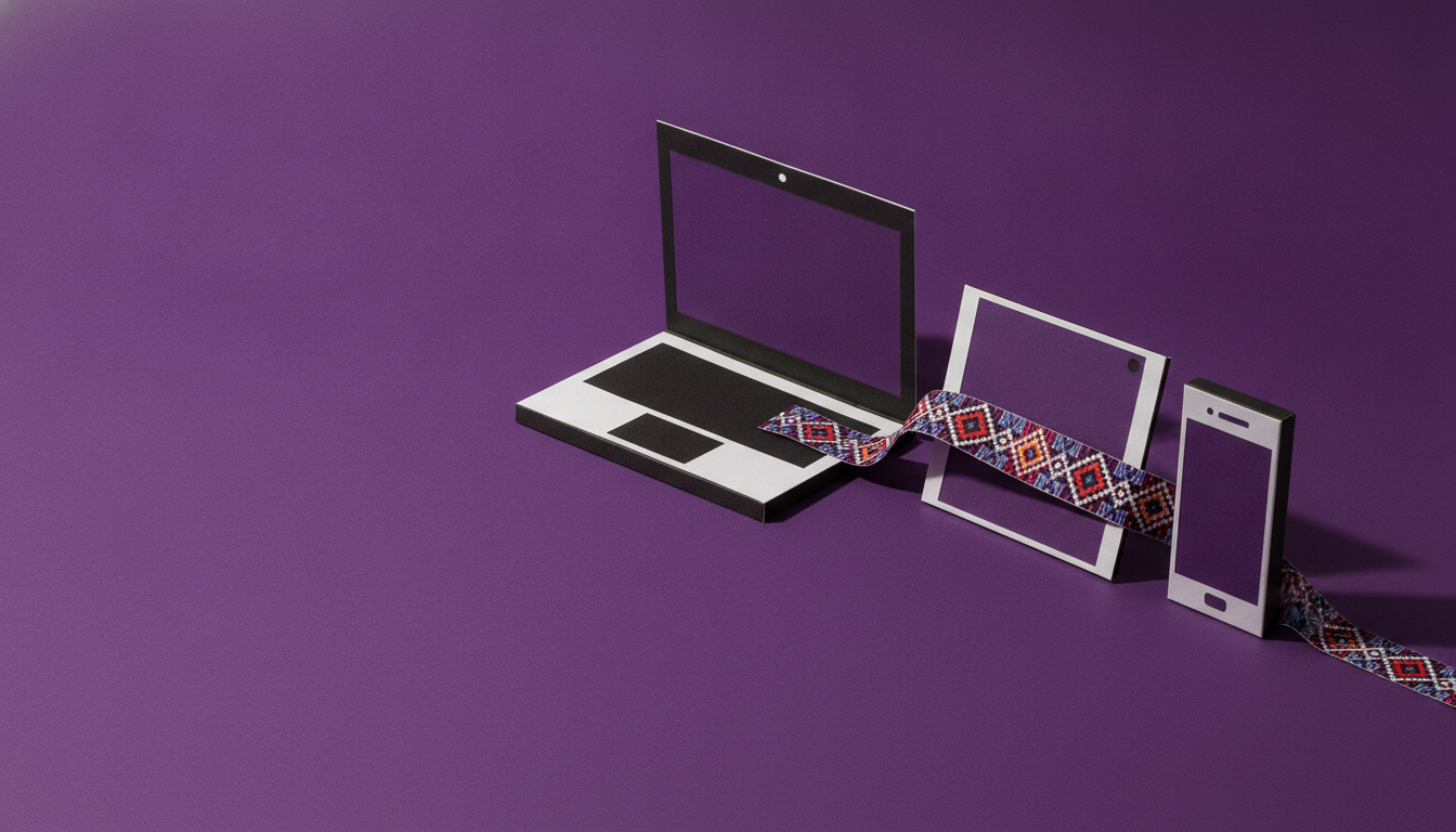 Capulana em papel recortado atravessando telemóvel, tablet e portátil